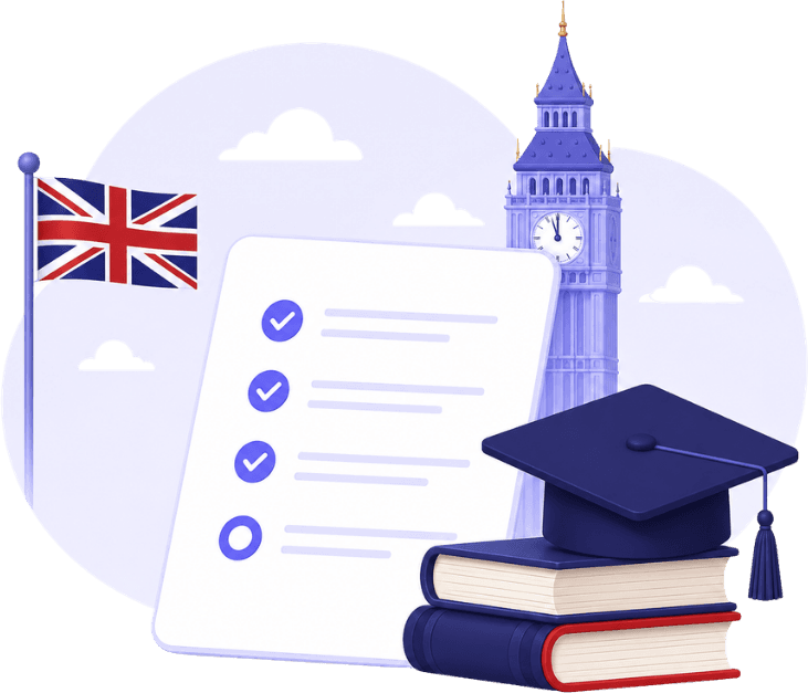 A UK flag, a checklist of completed steps, Big Ben, and a graduation cap on study books