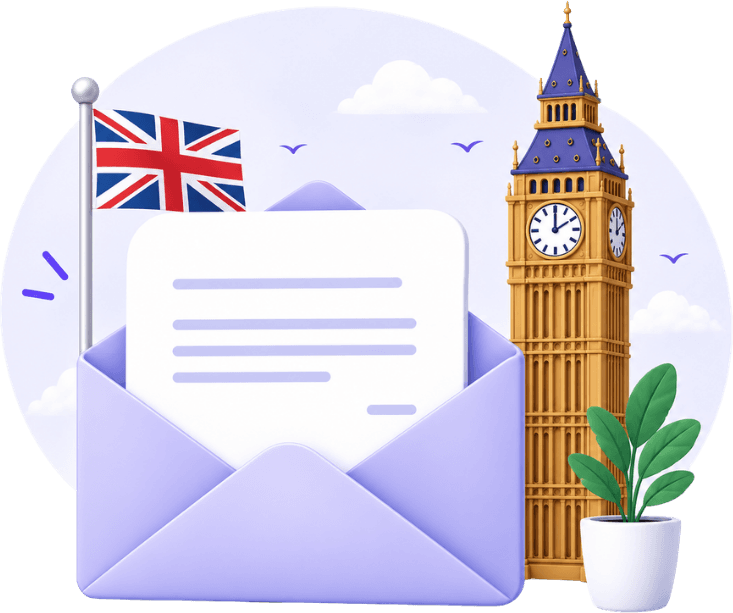 An open envelope with a letter, next to a UK flag, Big Ben, and a potted plant